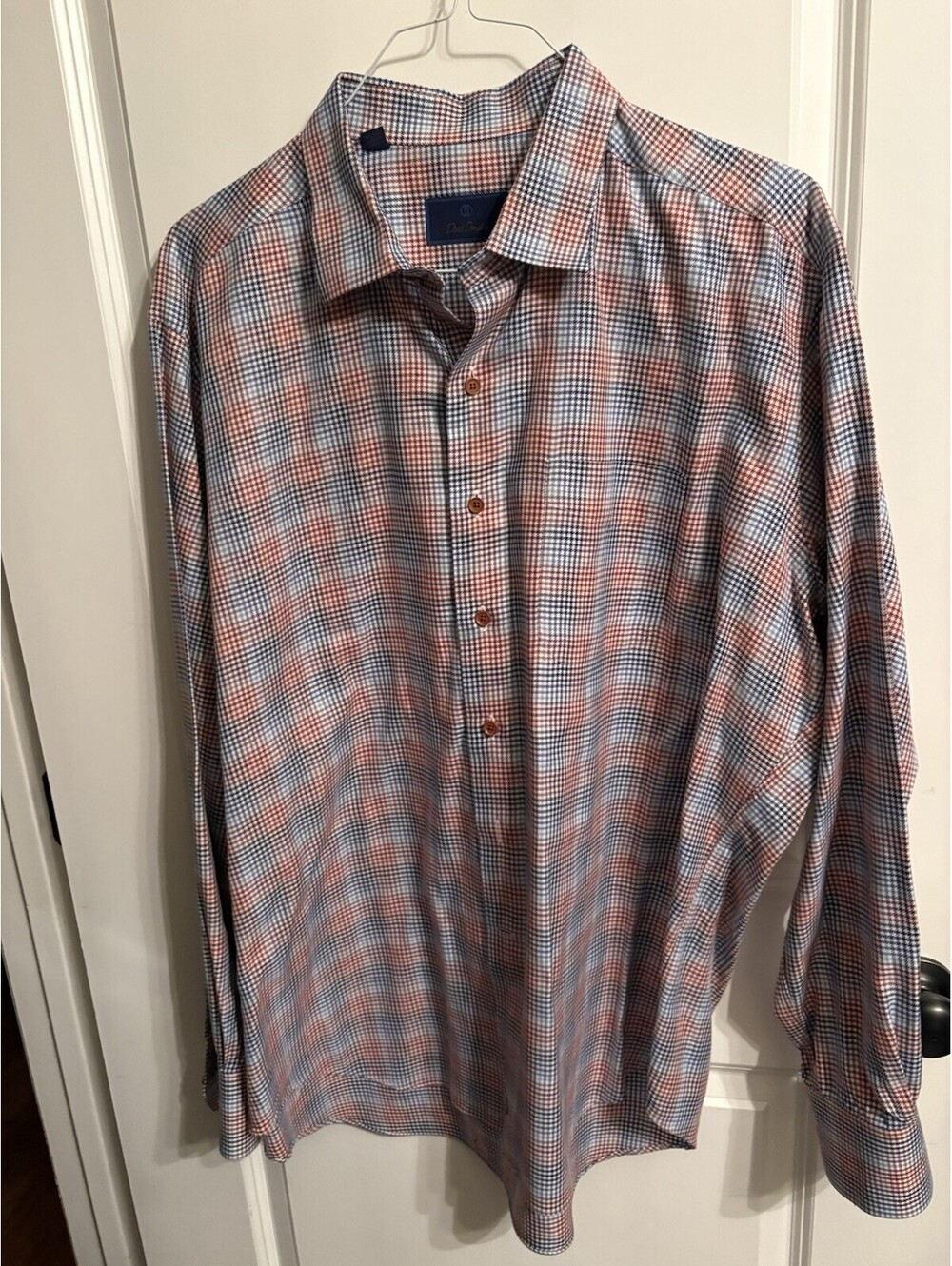 David Donahue Dress Shirt Mens 2XL Blue Check Regular Fit 100% Cotton LS